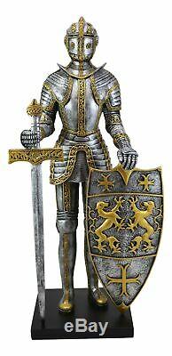 21H Large Medieval Suit Of Armor Knight With Sword And Heraldry Shield Statue