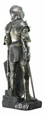 Large 28H Medieval Suit of Armor Knight Swordsman With Lion Heraldry Statue