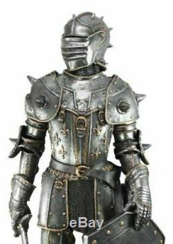Large 28H Medieval Suit of Armor Knight Swordsman With Lion Heraldry Statue