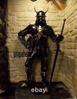 Medieval Black Armor Suit Wearable Knight Gothic Full Body Armour WithHorn Helmet