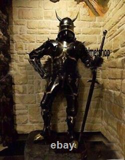 Medieval Black Armor Suit Wearable Knight Gothic Full Body Armour WithHorn Helmet