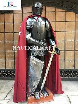 Medieval Black Knight Suit of Armor with Shield, Cloak & Armor Stand LARP