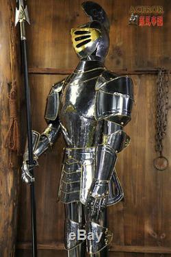 Medieval Crusader Knight in Suit of Armor & Spear & Shield Full Size Body Suit