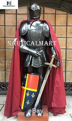 Medieval Epic Black Knight Medieval Suit of Armor with Shield, Sword, Cloak