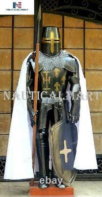 Medieval Knight Suit of Armor Sword, Shield, Cloak Combat Blackened Body LO51