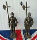 Pair Of Antique Vintage Fireguard Cast Iron Medieval Knights In Suit Of Armour