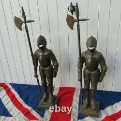 Pair Of Antique Vintage Fireguard Cast Iron Medieval Knights In Suit Of Armour